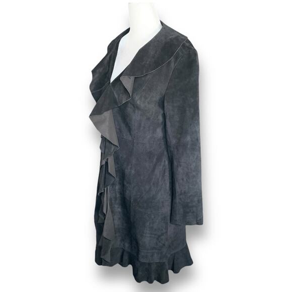 Scully Black Suede Ruffle Front Coat Genuine Leather Longline Duster Jacket - Picture 7 of 14